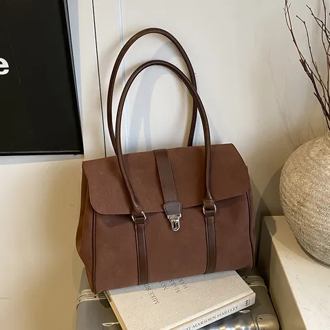 Large Capacity Women Tote Bag PU Leather Patchwork Shoulder Bag With Metal Lock Vintage Flap Shopper Handbag For Daily Work