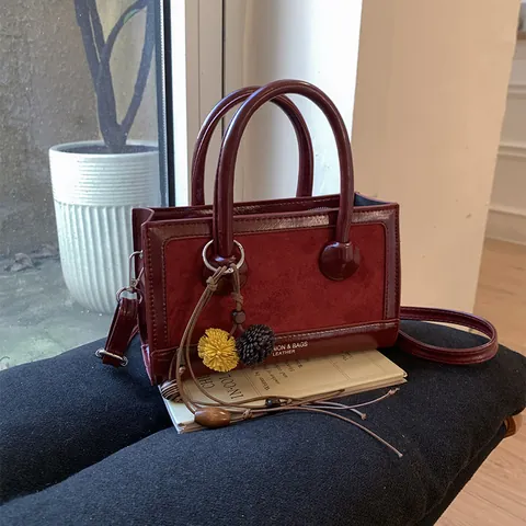 Women Retro PU Leather Suede Stitching Baguette Bag Minimalist Handbag With Adjustable Shoulder Strap Crossbody Bag Casual Chic