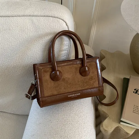 Women Retro PU Leather Suede Stitching Baguette Bag Minimalist Handbag With Adjustable Shoulder Strap Crossbody Bag Casual Chic