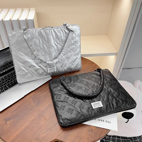 Housse Ordinateur Portable Matelassée Nœud Femmes Sacoche PU Nylon Résistant À L'Eau Étui Protection Ordinateur Sac À Main