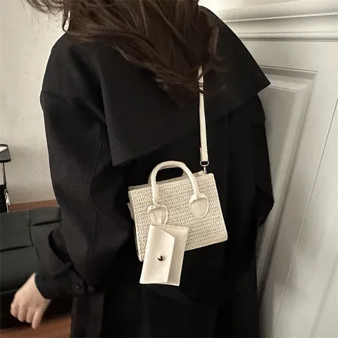 Borsa a Tracolla Quadrata Piccola in Paglia Intrecciata Retrò per Donna Finiture in Pelle Sintetica Con Mini Tasca