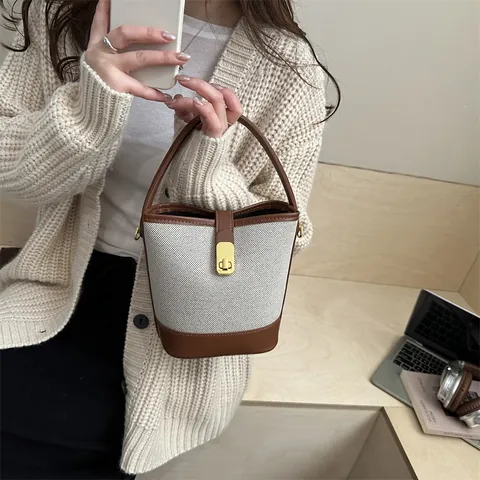 Sac Seau Vintage en Patchwork pour Femmes Toile Cuir Artificiel Couleur Contrastée Sac Bandoulière Sac à Main Petit