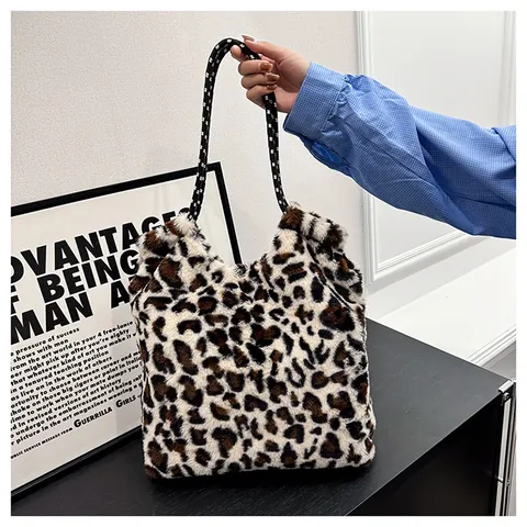 Damen Mode Leopardenmuster Kunstpelz Plüsch Tote Bag Große Kapazität Lässige Schultertasche Mit Geflochtenem Seilgriff Für Herbst Winter