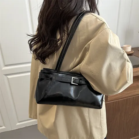 Bolso de Axila de Cuero PU Minimalista para Mujer Bolso de Hombro Rectangular Retro Con Hebilla de Cinturón de Metal Bolso de Moda
