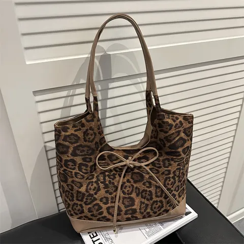Mode Leopardenmuster Tote Bag Für Damen Große Kapazität Wildleder Stoff Umhängetasche Mit Schleife Dekor Pendler Handtasche