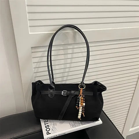 Vintage Faux Suede Tote Bag For Women Minimalist Shoulder Bag With Belt Buckle And Beaded Pendant Korean Underarm Bag For Commuting