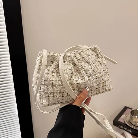 Bolso de Hombro de Tweed a Cuadros para Mujer Elegante Hilo de Oro Tejido Bolso Nube Bolso de Mano Cuadrado Pequeño