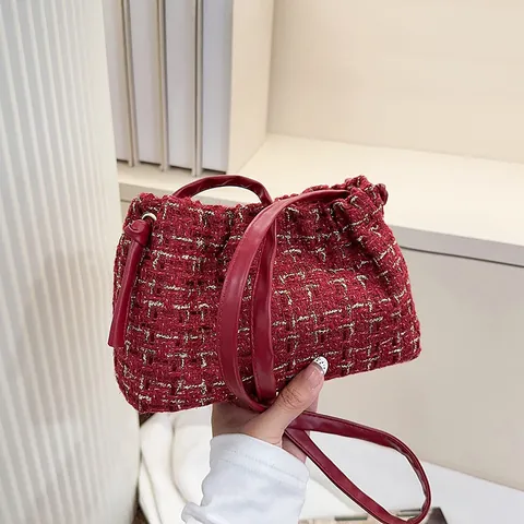 Bolso de Hombro de Tweed a Cuadros para Mujer Elegante Hilo de Oro Tejido Bolso Nube Bolso de Mano Cuadrado Pequeño
