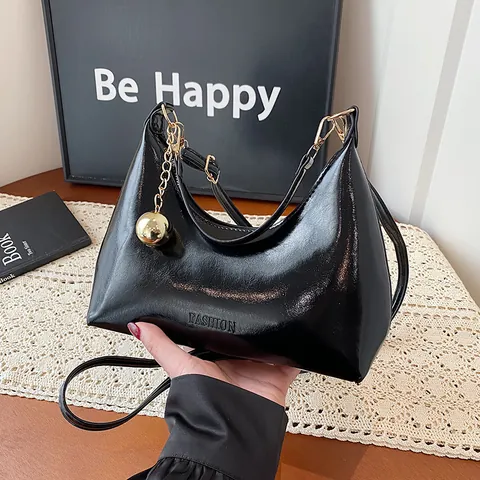 French Vintage Patent Leather Underarm Bag For Women Niche Design Hobo Shoulder Bag With Metal Ball Decoration Fashion Purse