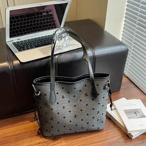 Bolso Tote de Lona Gran Capacidad Mujer Lunares Lazo Bordado Bolso de Hombro Vintage Bolso de Mano para Viaje Gris Negro
