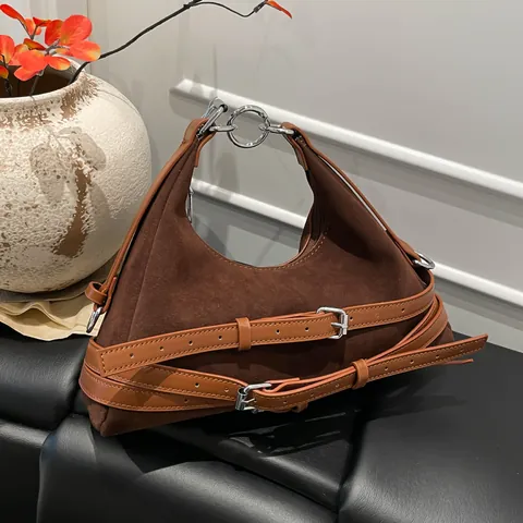 Vintage Wildlederoptik Achseltasche Für Damen Retro Motorrad Stil Schultertasche Mehrere Schnallenriemen Pendler Handtasche