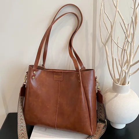 Bolso Tote Grande de Cuero PU Retro para Mujer Bolso de Hombro Vintage para Oficina Con Correa Tejida Ancha Y Herrajes Dorados
