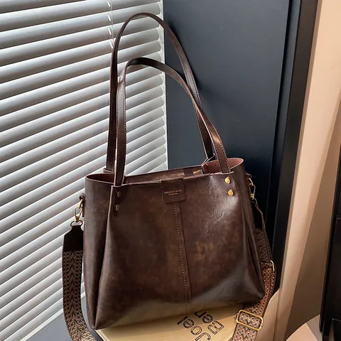 Bolso Tote Grande de Cuero PU Retro para Mujer Bolso de Hombro Vintage para Oficina Con Correa Tejida Ancha Y Herrajes Dorados