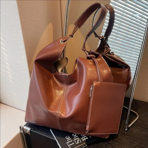 Bolso de Mano de Cuero PU de Gran Capacidad para Mujer Vintage Costuras de Contraste Bolso de Hombro Con Cartera para Trabajo