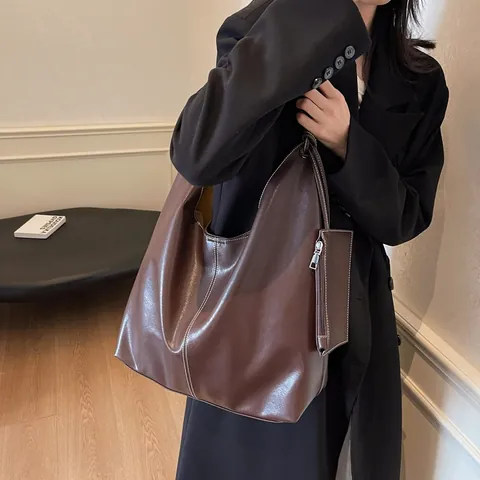 Bolso de Mano de Cuero PU de Gran Capacidad para Mujer Vintage Costuras de Contraste Bolso de Hombro Con Cartera para Trabajo