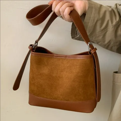 Vintage Suede Patchwork Shoulder Bag For Women Large Capacity Leopard Print Underarm Tote Fashion Retro Bucket Bag