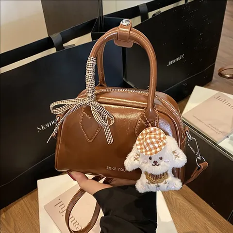 Vintage PU Leather Boston Pillow Handbag For Women Fashion Top Handle Crossbody Shoulder Bag With Plush Dog Pendant Accessory