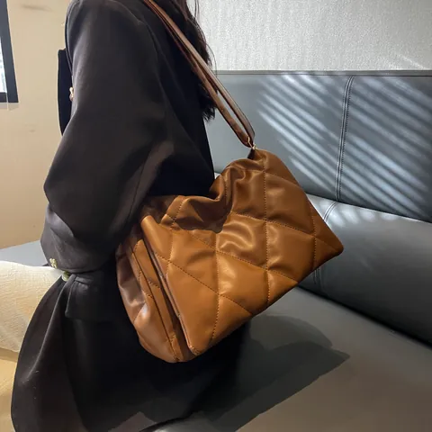 Damen Vintage Große Kapazität Gesteppte Schultertasche PU Leder Rautenmuster Weiche Tote Bag Täglich Pendler Umhängetasche
