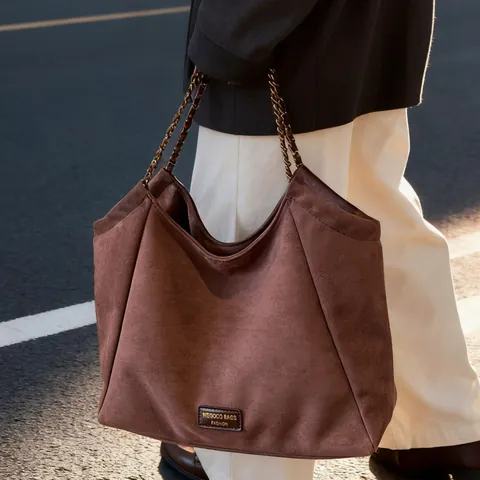 Women Large Capacity PU Leather Tote Bag With Suede Texture Fashion Chain Shoulder Bag Urban Minimalist Commuter Handbag
