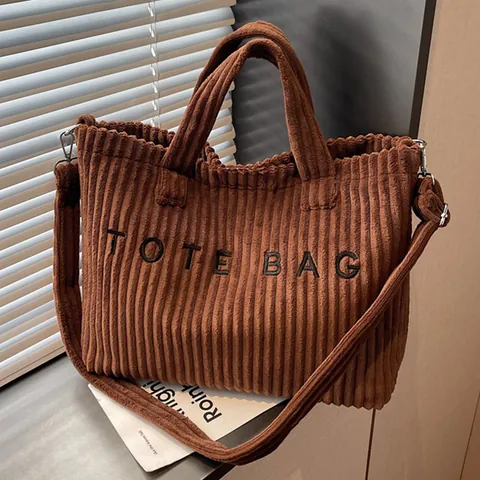 Vrouwen Grote Capaciteit Corduroy Tote Bag Vintage Minimalistisch Letter Borduursel Schoudertas Met Verstelbare Riem