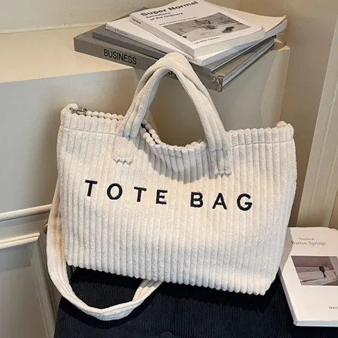 Vrouwen Grote Capaciteit Corduroy Tote Bag Vintage Minimalistisch Letter Borduursel Schoudertas Met Verstelbare Riem