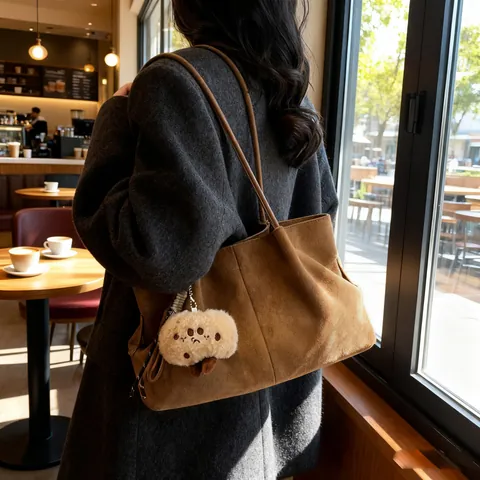 Women Vintage Suede Tote Bag Large Capacity Shoulder Bag With Plush Charm Autumn Winter Commute Handbag Underarm Bag