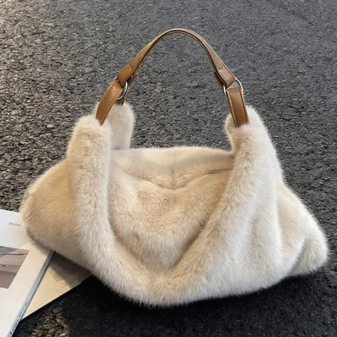 Vrouwen Casual Kunstbont Okseltas Pluche Hobo Schoudertas Met Kunstleer Handvat Herfst Winter Mode Grote Capaciteit Handtas