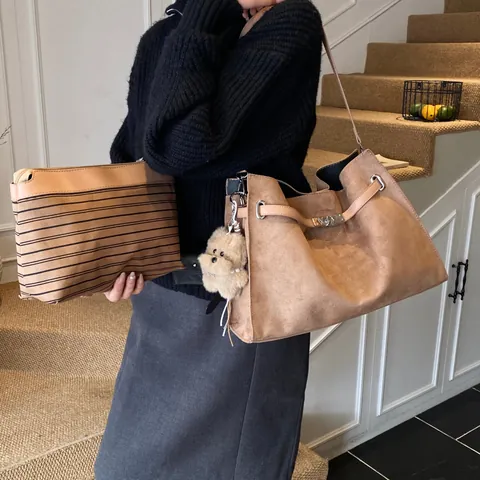 Große Kapazität Wildleder PU Leder Tote Bag Damen Vintage Schulter Umhängetasche Metallschloss Gürtel Dekor Handtasche