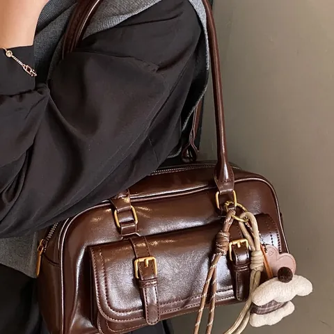 Women Retro PU Leather Underarm Bag Large Capacity Shoulder Handbag Boston Pillow Bag With Front Buckle Pocket Commuter