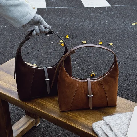 Vintage Suede Frosted Underarm Hobo Bag For Women Large Capacity Minimalist Retro Solid Color Shoulder Bag Adjustable Strap