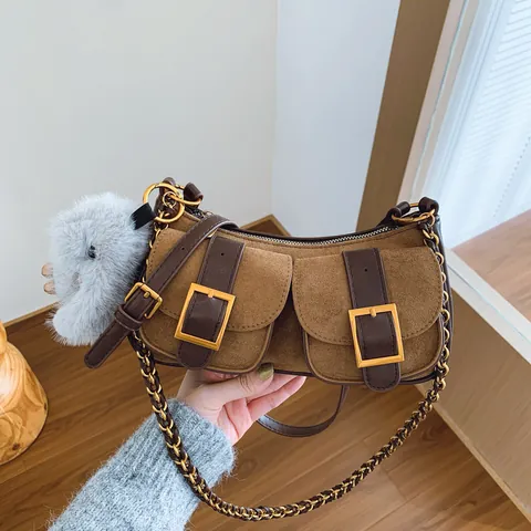 Borsa Baguette in PU Retrò da Donna Con Doppie Tasche Frontali Fibbia in Metallo Dorato Tracolla a Catena Elegante Borsa a Spalla