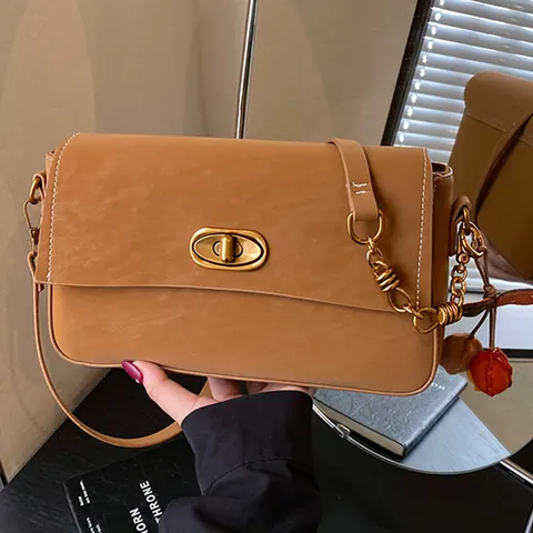 Fashion PU Leather Crossbody Bag For Women Retro Square Shoulder Bag With Stitching Detail And Metal Twist Lock Daily Commute Handbag