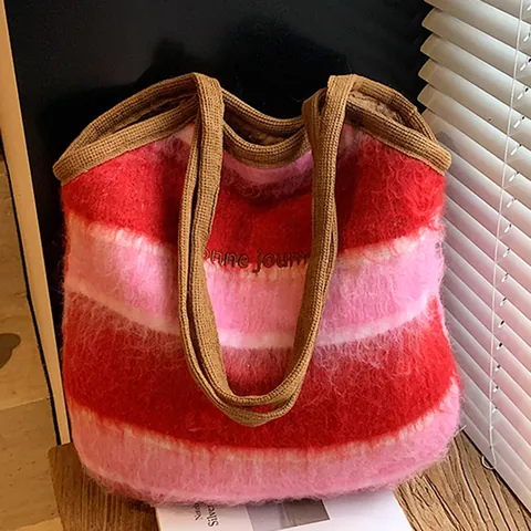 Vintage Plaid Large Capacity Tote Bag For Women Woolen Fabric Shoulder Bag With Bonne Journee Embroidery Winter Casual Handbag