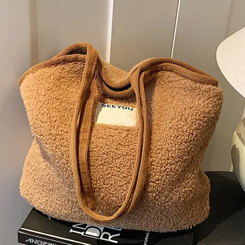 Vintage Plaid Large Capacity Tote Bag For Women Woolen Fabric Shoulder Bag With Bonne Journee Embroidery Winter Casual Handbag