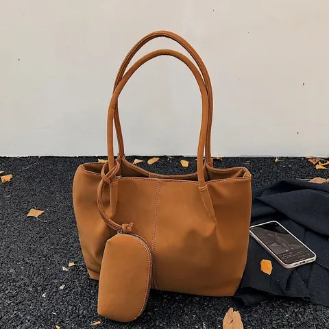 Bolso Tote de Cuero PU Mate Vintage de Gran Capacidad para Mujer Bolso de Hombro Minimalista con Costuras en Contraste y Neceser