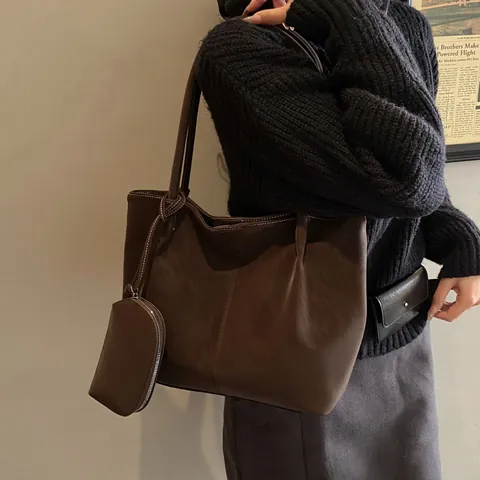 Bolso Tote de Cuero PU Mate Vintage de Gran Capacidad para Mujer Bolso de Hombro Minimalista con Costuras en Contraste y Neceser