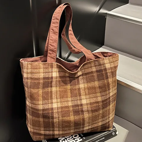 Dames Vintage Geruite Draagtas Grote Capaciteit Stof Schoudertas Retro Geruite Handtas Voor Dagelijks Woon-werkverkeer