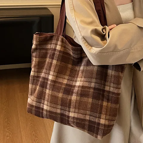 Dames Vintage Geruite Draagtas Grote Capaciteit Stof Schoudertas Retro Geruite Handtas Voor Dagelijks Woon-werkverkeer