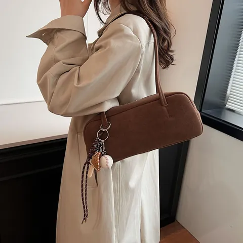 Vintage Faux Suede Underarm Bag For Women Retro Large Capacity Shoulder Bag With Baseball Charm Solid Color Baguette Bag