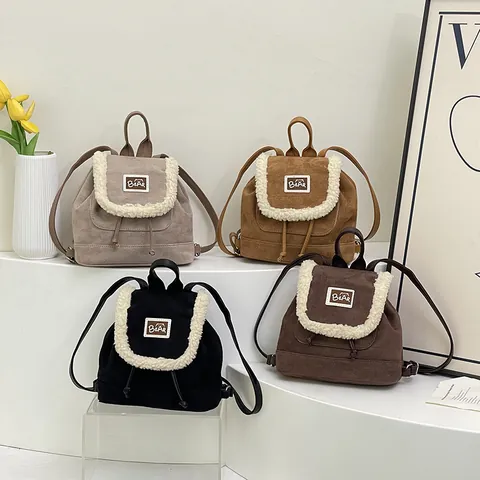 Women Cute Bear Patch Mini Backpack Faux Suede Small Rucksack With Sherpa Trim Drawstring Flap Backpack For Girls Daily Casual Travel