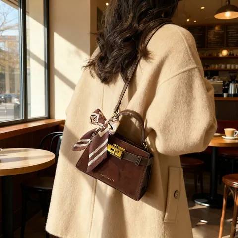 Vintage Suède Gelaagde Leren Emmer Tas Voor Vrouwen Mode Crossbody Handtas Met Zijden Sjaal Decor Gouden Slot Schoudertas