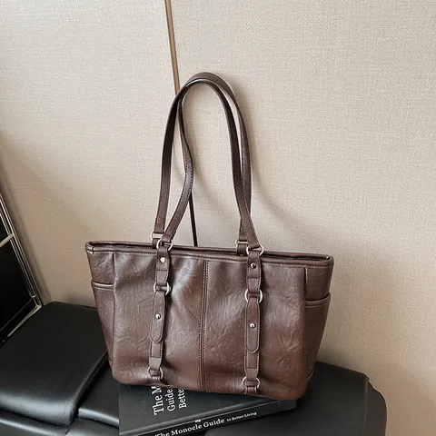 Large Capacity Women Vintage PU Leather Tote Bag Retro Chic Elegant Shoulder Underarm Handbag Solid Color Commuter Office Bag