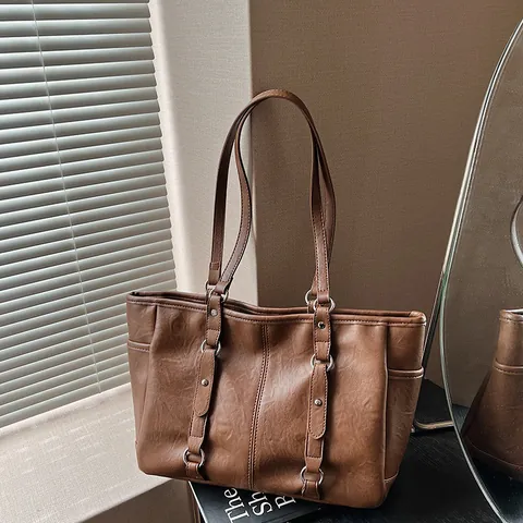 Large Capacity Women Vintage PU Leather Tote Bag Retro Chic Elegant Shoulder Underarm Handbag Solid Color Commuter Office Bag