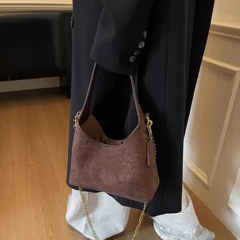Women Vintage Suede Hobo Underarm Bag With Gold Chain Decoration Solid Color Frosted Shoulder Crossbody Handbag Winter Collection