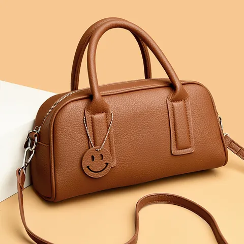 Women Litchi Pattern PU Leather Boston Bag Vintage Top Handle Handbag With Smiley Charm Detachable Strap Crossbody Pillow Bag