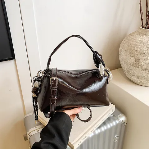 Retro Damen Boston Tasche Glänzend PU Leder Schultertasche Mit Knotengriff Silberne Beschläge Umhängetasche Mode Tote
