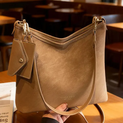 Women Vintage Frosted PU Leather Shoulder Bag Large Capacity Tote Bag With Detachable Mini Pouch Urban Casual Commuter Hobo Bag