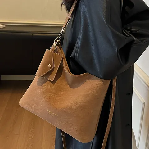 Women Vintage Frosted PU Leather Shoulder Bag Large Capacity Tote Bag With Detachable Mini Pouch Urban Casual Commuter Hobo Bag