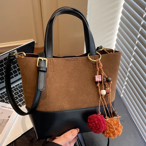 Vintage Suede PU Leather Patchwork Shoulder Bag For Women 2025 Winter Fashion Tote Crossbody Bag With Color Pom Pom Pendant