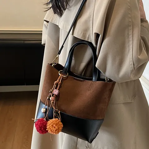 Vintage Suede PU Leather Patchwork Shoulder Bag For Women 2025 Winter Fashion Tote Crossbody Bag With Color Pom Pom Pendant